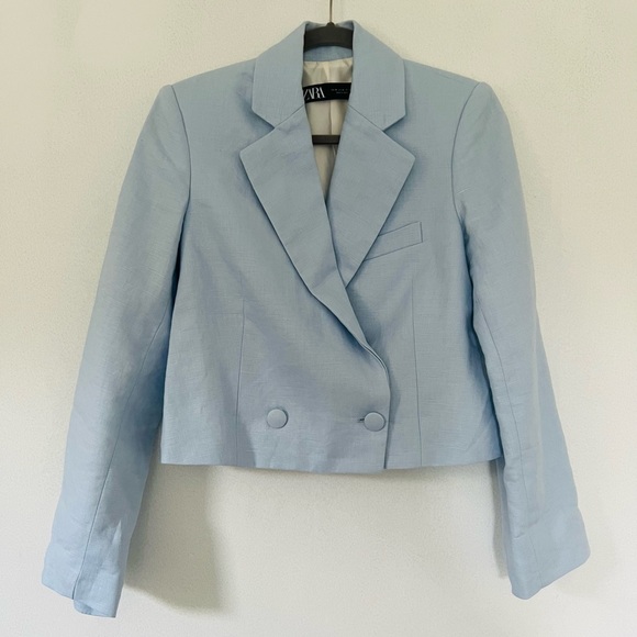 Zara short crop linen light blue blazer size xs - Picture 5 of 8